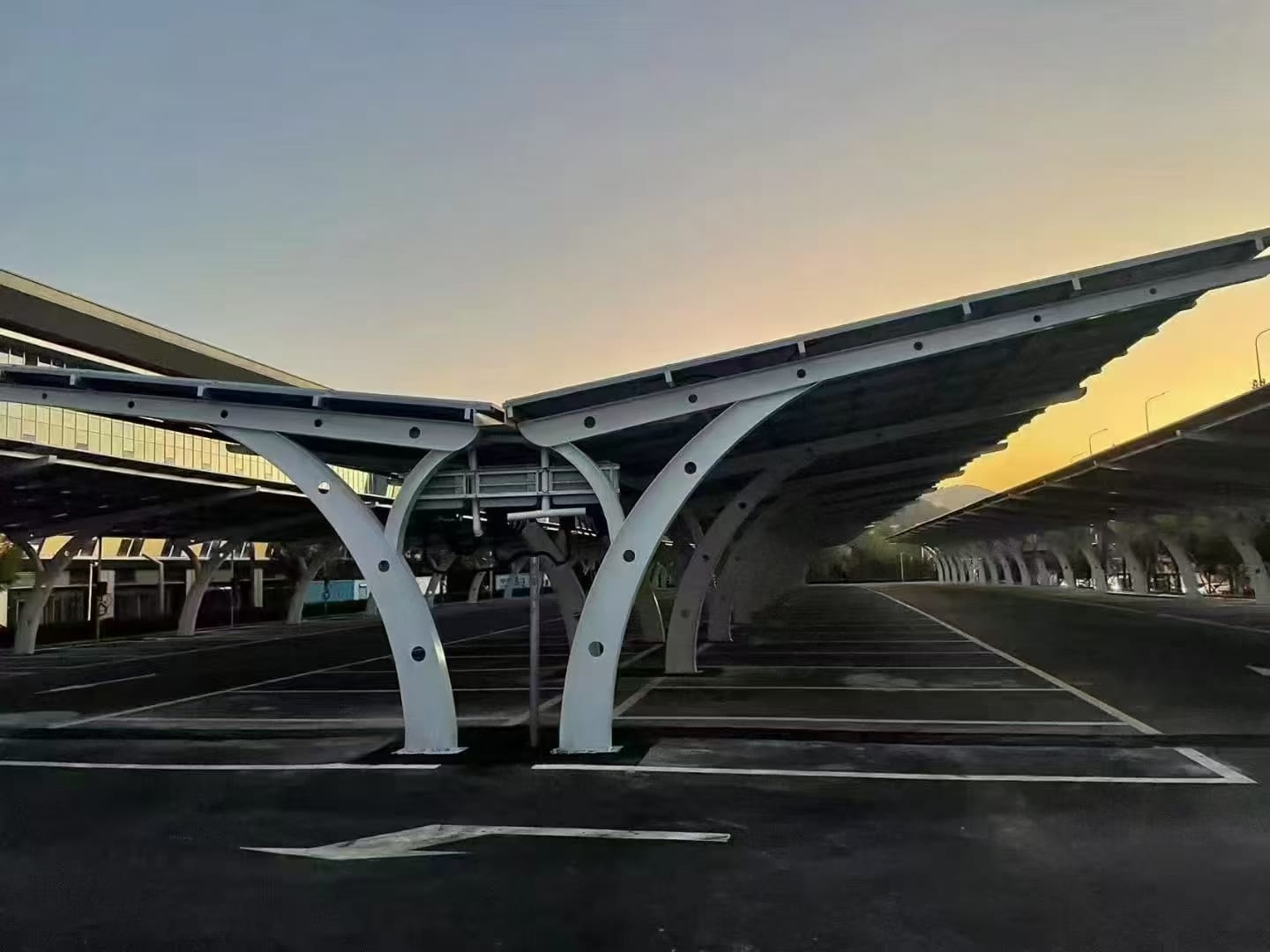 Installed solar carport at sunset