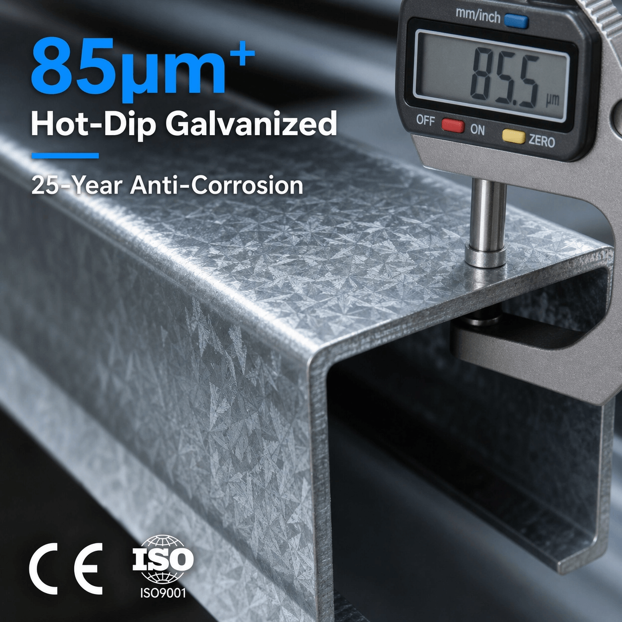 Hot-dip galvanized steel channel coating measurement 85 microns