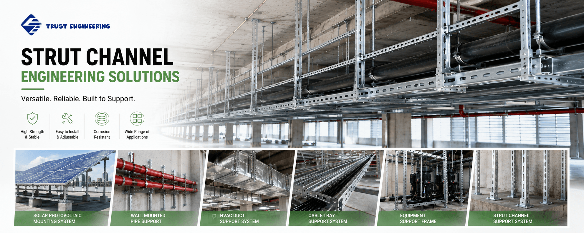 Strut Channel Engineering Solutions — Solar PV, Pipe Support, HVAC, Cable Tray & Equipment Support by TRUST Engineering